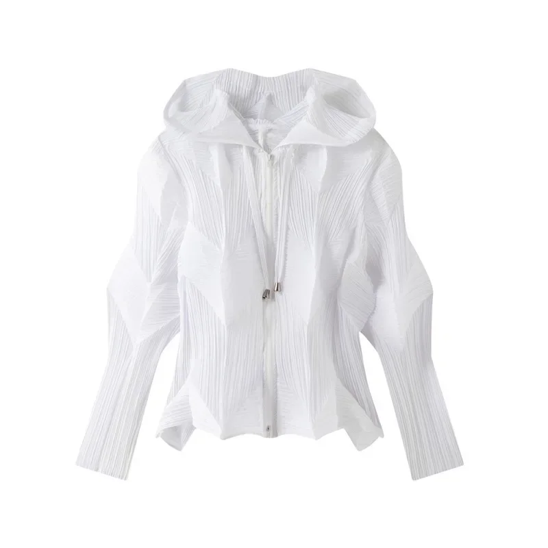 Chaqueta corta para mujer, Top holgado informal con cremallera, ropa de verano 2025, Miyake, Color sólido, manga de murciélago con capucha, plisado Irregular