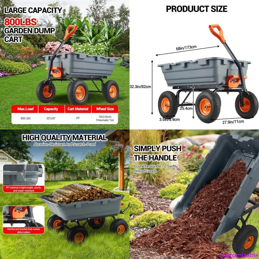 

Heavy-Duty 800 lbs Capacity Poly Garden Dump Cart with 10-Inch Tires, 180° Rotating Handle, and Steel Frame for Quick Dumping