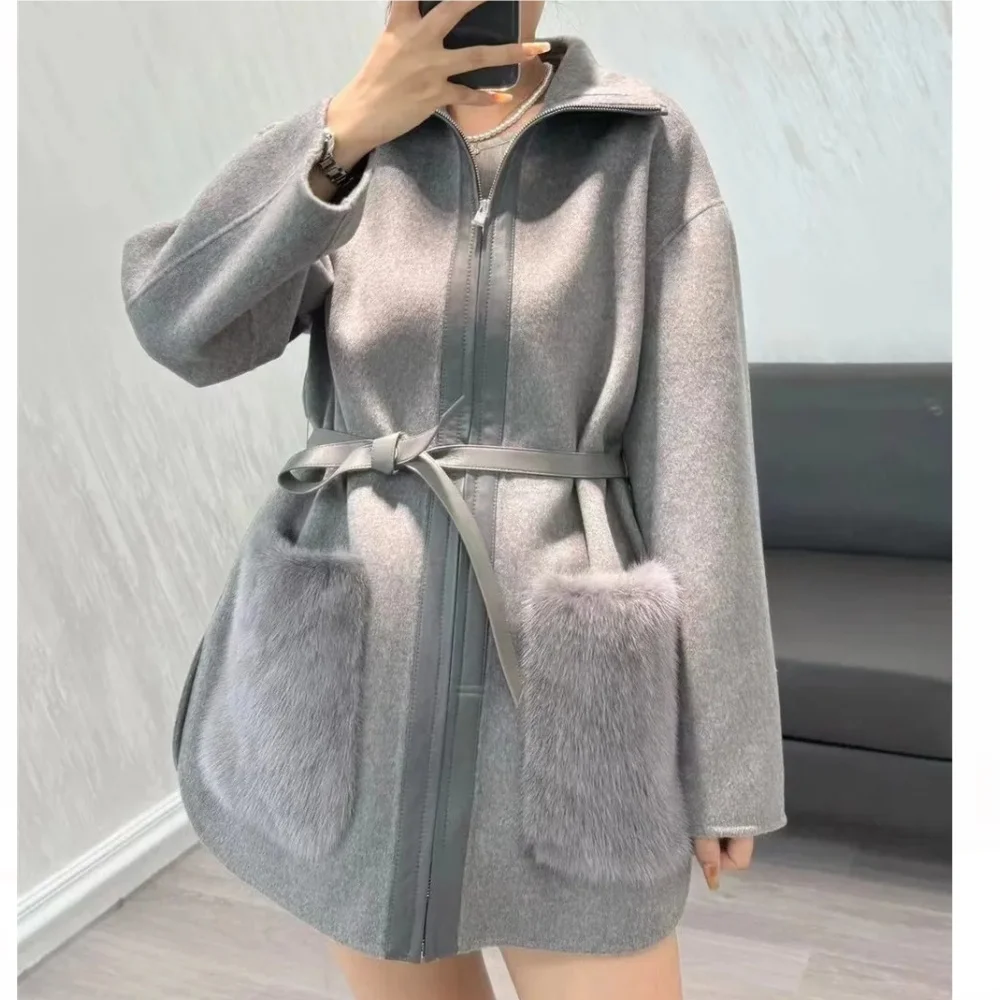 Double sided cashmere waistband jacket imported mink pocket temperament fur jacket high-quality L * P women's clothing