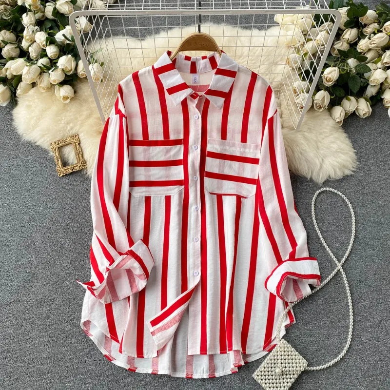 OCEANLOVE Striped Shirts&blouses Women Tops Spring Autumn Loose Vintage Blusas Mujer Korean Fashion Contrast Color Camisas