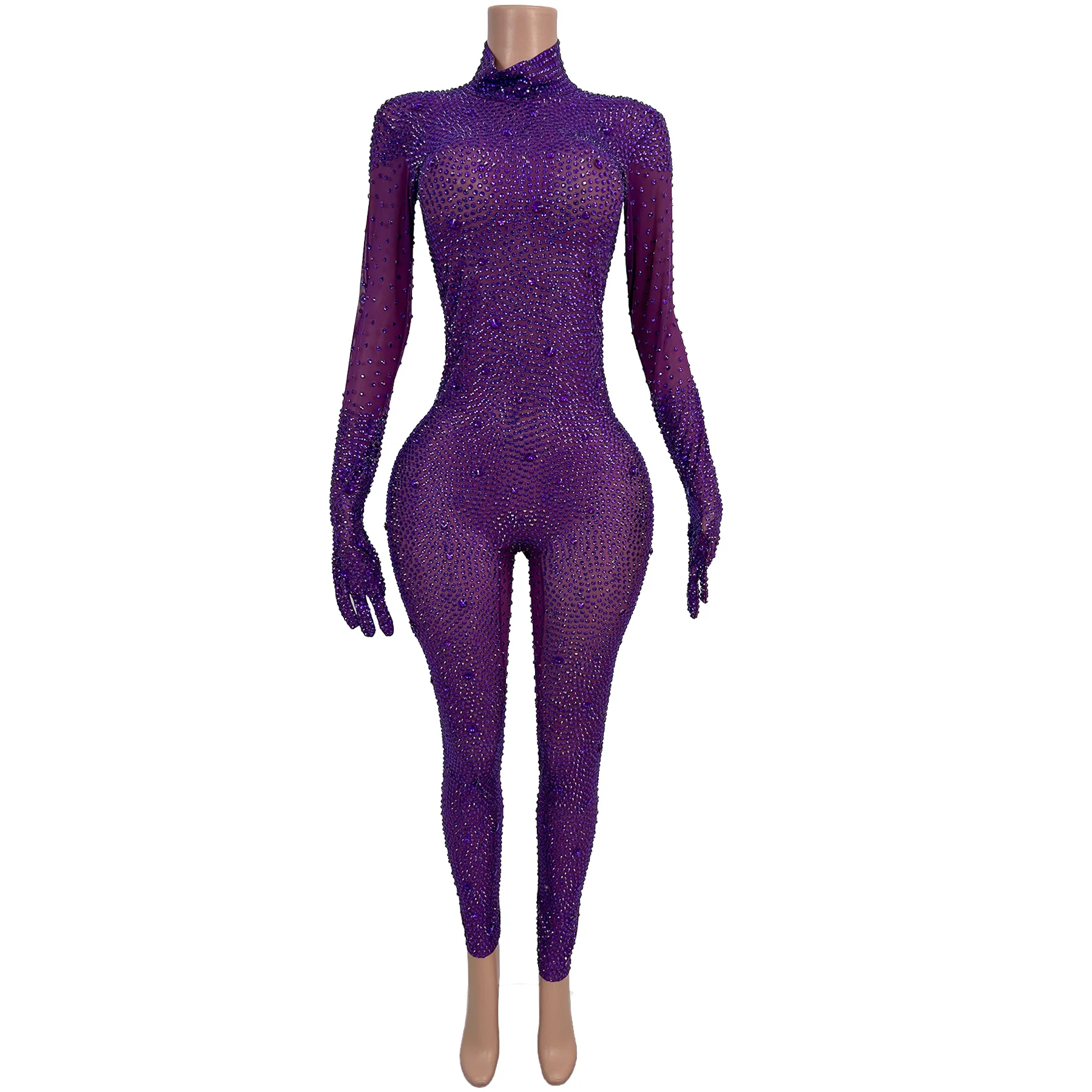 Shizuanliantichangku Fashion Women See Through Mesh Jumpsuit Shiny Purple Diamond Tight Pants Bar Stage Performance Costume