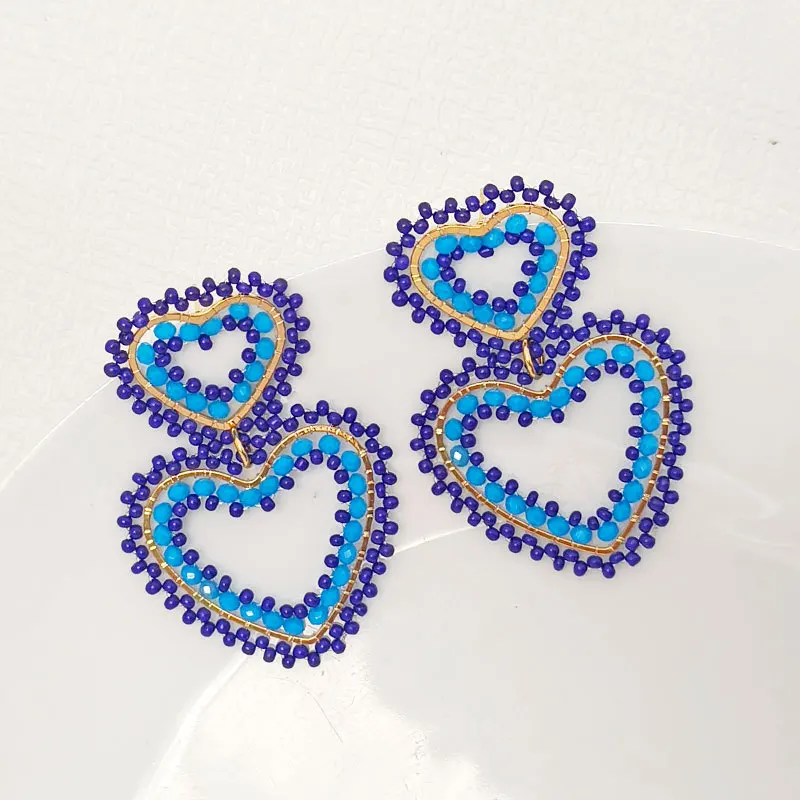 

Rice bead earrings Heart Double-deck Originality Crystal Geometry Hand knitting Bohemia Alloy Fashion Simple Beaded earrings