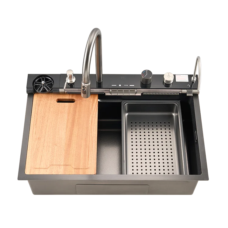 Sink,304 Stainless Steel Kitchen Faucets With Piano Keys Control Digital Temperature Display And Flying Rainfall Sink Rack
