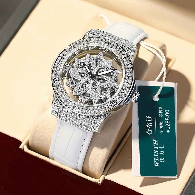 Casual Watch for Women Luxury Leather Strap 360 Degrees Rotary Star Hollow Luminous Ladies Watches Full Diamond Quartz Watch