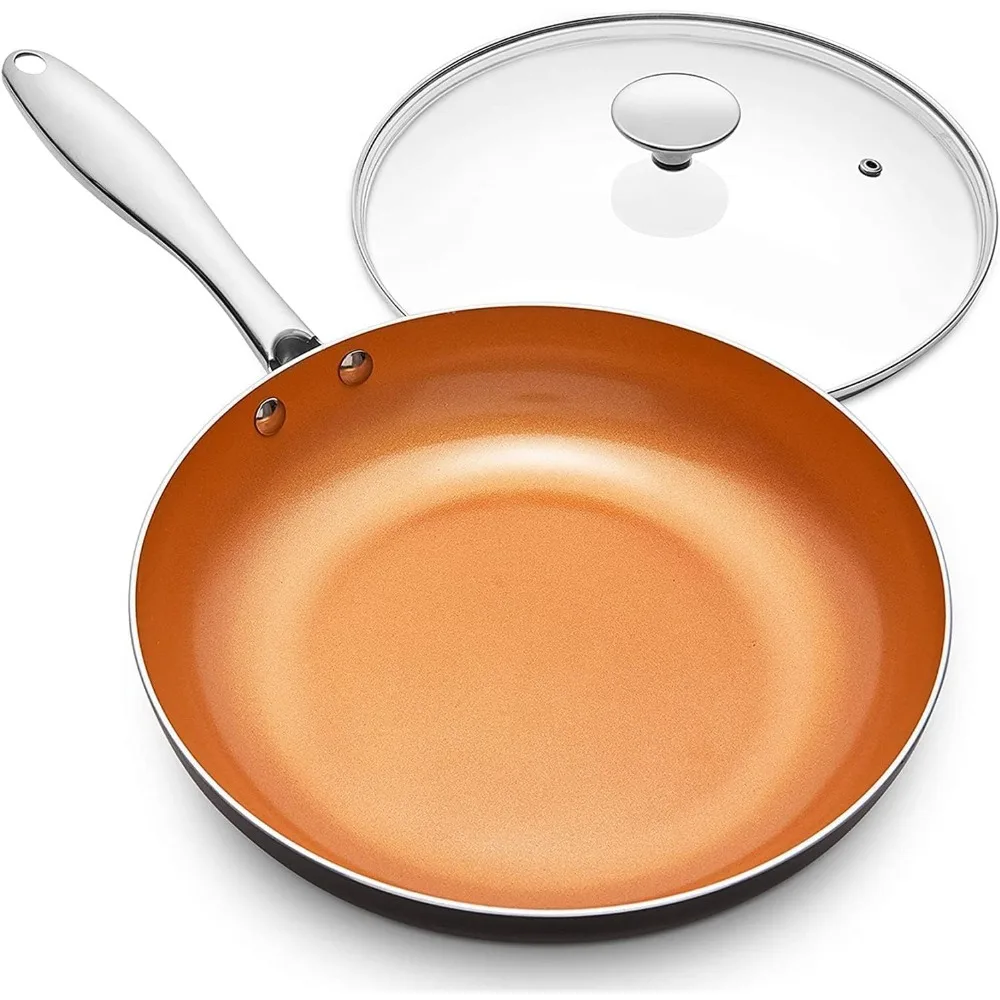 

12 Inch Nonstick Copper Pan with Lid, Large Ceramic Coated Skillet for Frying, Includes Cover
