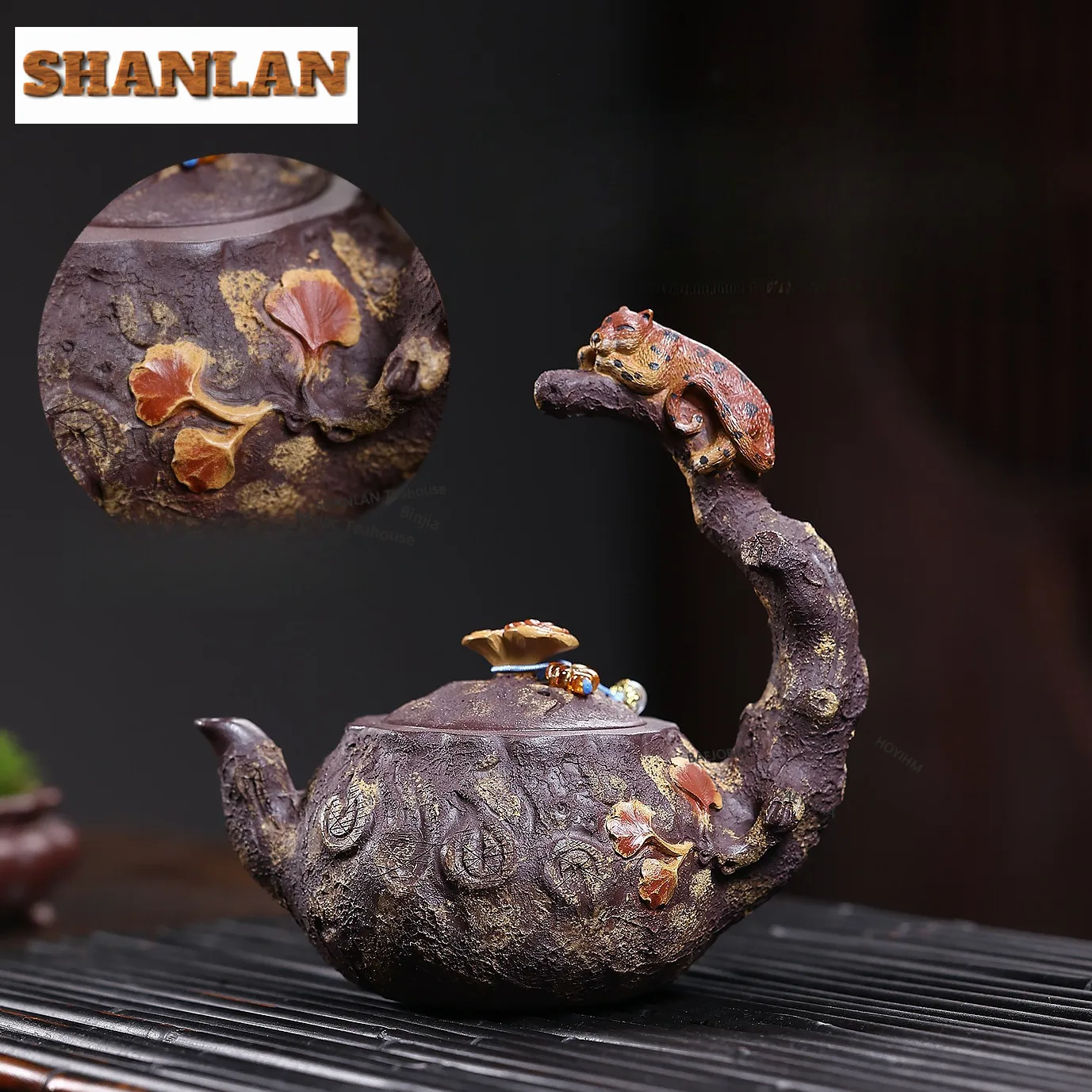 290ml Creative Yixing Purple Clay Teapots Handmade Leopard Tang Feather Pot Pot Raw Ore Mud Tea Maker Kettle Zisha Tea Set Gifts