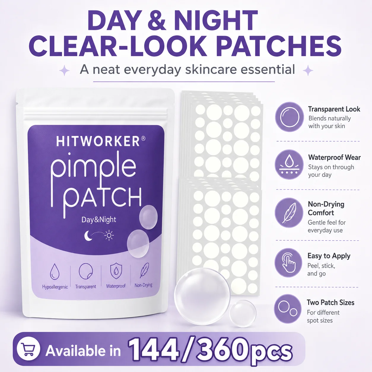 144/360Pcs Hydrocolloid Acne Pimple Patches, Ultra Thin Invisible Oil Absorbing Blemish Spot Stickers, Gentle Day & Night Facial