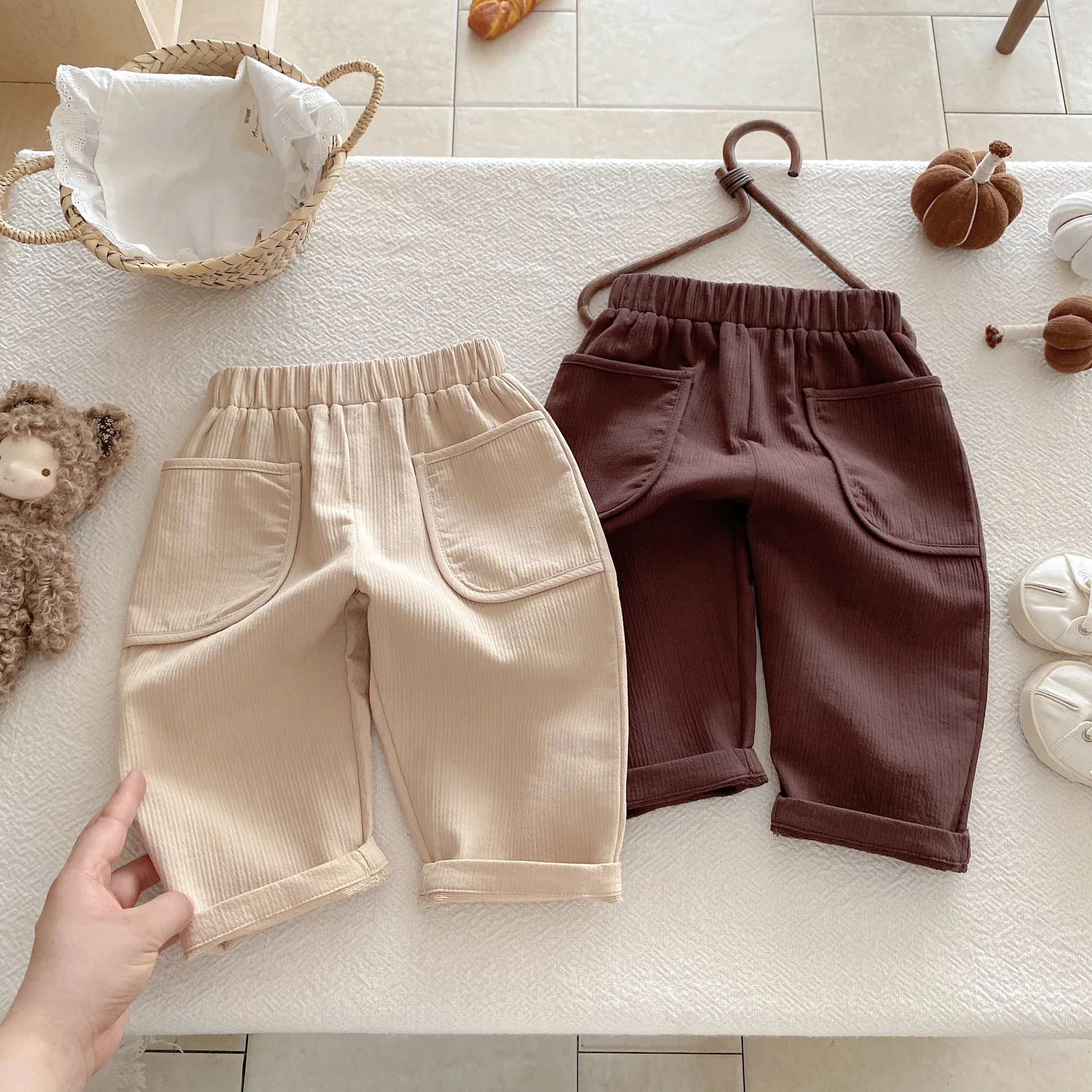 

2025 Autumn Kids Pants Korean Cotton Linen Pants Retro Big Pocket Unisex Casual Loose Trousers for Boys Girls 1-8 Years
