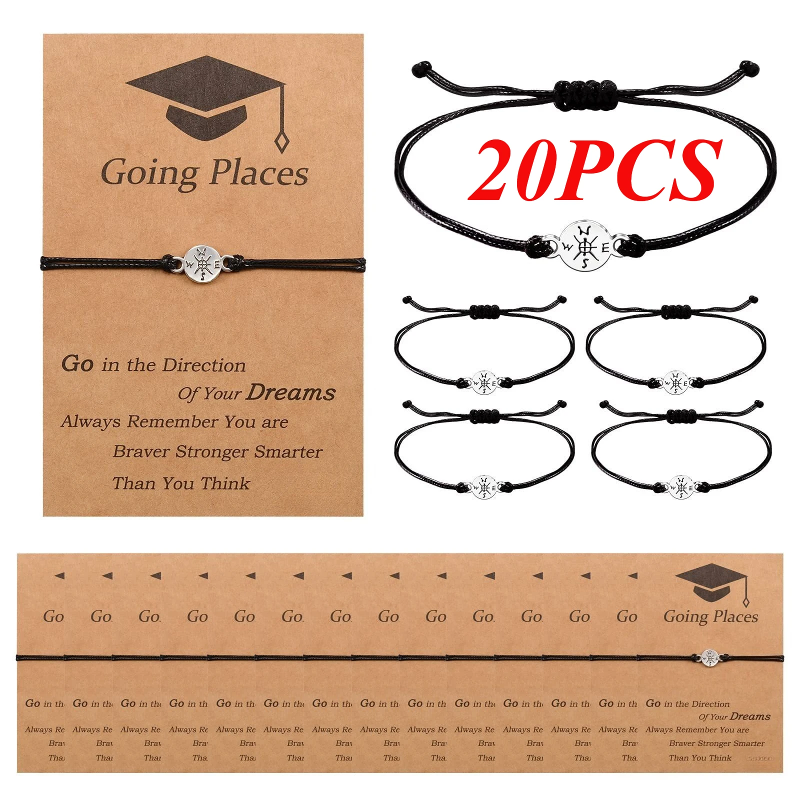 20PCS Women's Couple Card Bracelet Fashion Compass Hand Woven Rope Pendant Friendship Girlfriend Jewelry Lucky Bracelet