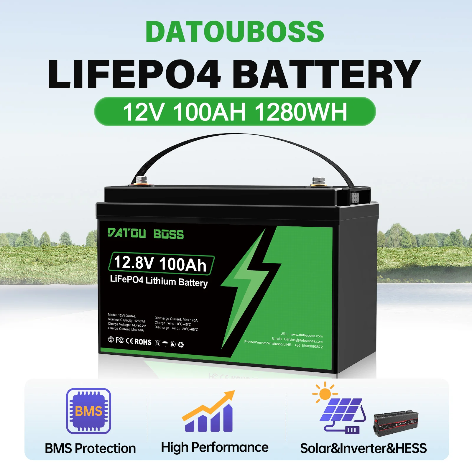 Upgraded Datouboss 12V 100Ah LiFePO4 deep-cycle battery with built-in BMS, high performance for solar applications, inverters, and HESS, 1280Wh