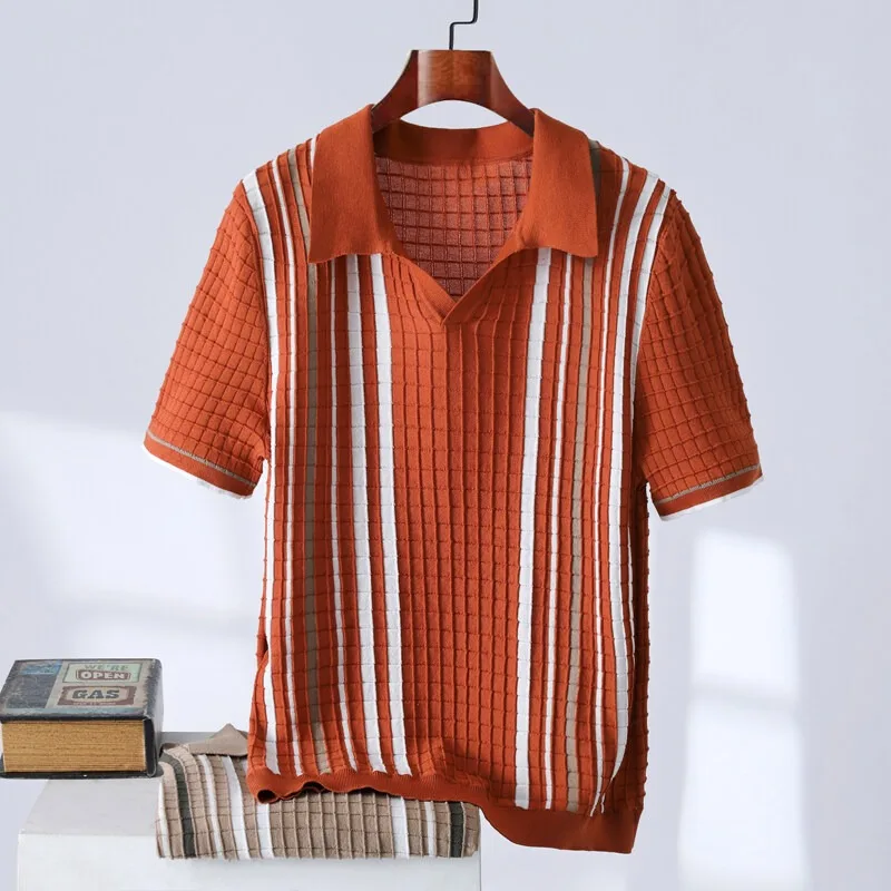 

Korean Stripe Stitching Knitted Polo Shirts Men's Summer Short Sleeve Casual Business Lapel T-shirts Social Office Men Clothing