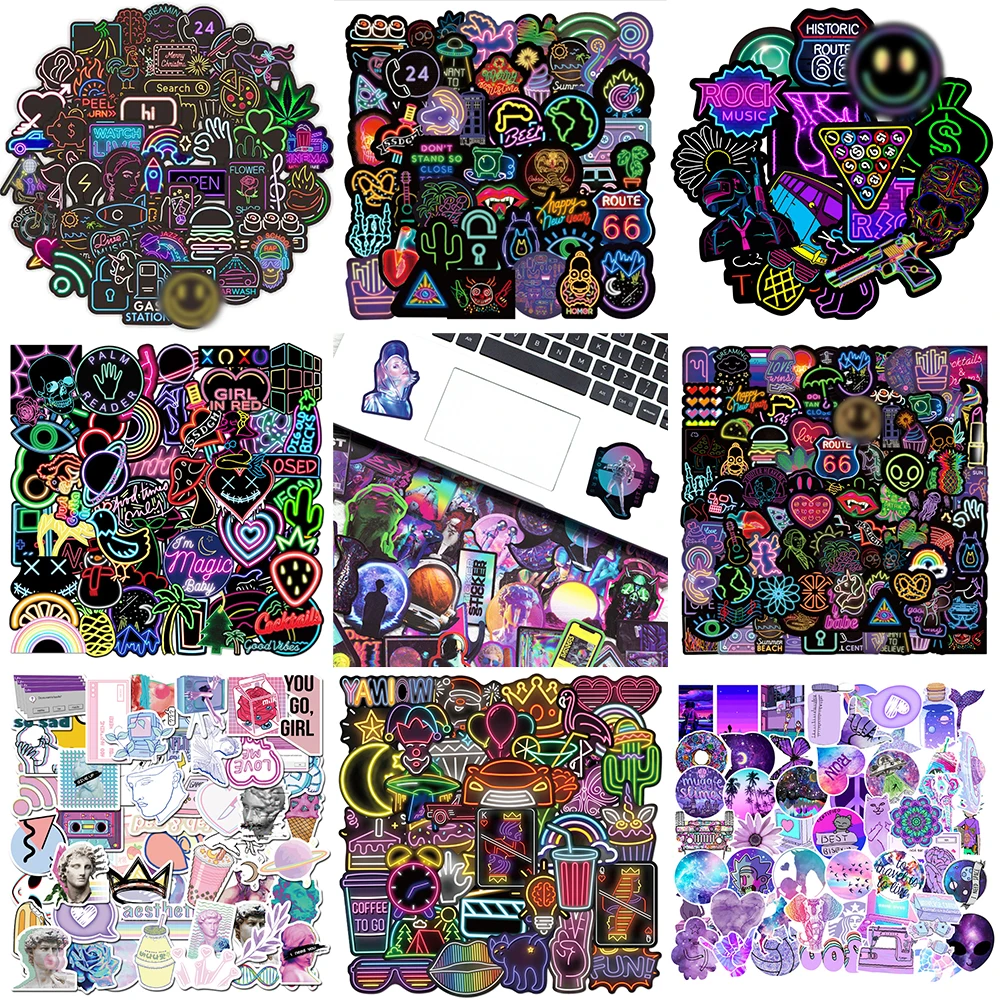 Série d'autocollants néon de dessin animé, graffiti violet créatif, décoration de skateboard, cahier, casque, ordinateur portable, valise, vente en gros, 10 pièces, 30 pièces, 50 pièces