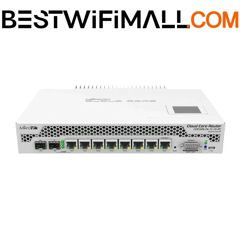 

Маршрутизатор MikroTik CCR1009-7G-1C-1S+PC: 7 портов Gigabit Ethernet, 1 комбинированный порт (SFP или Gigabit Ethernet), 1 SFP+ слот, 9-ядерный процессор 1 ГГц, 2 ГБ ОЗУ