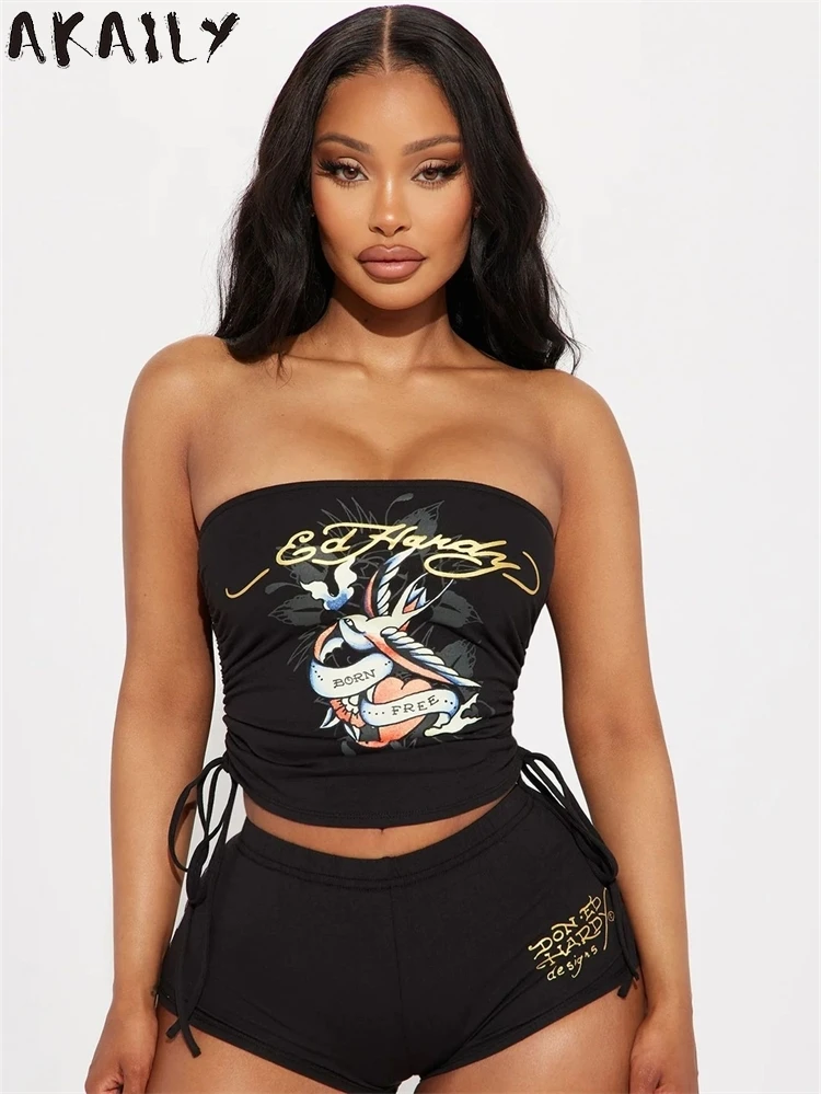 Akaily Summer Y2K Black Print Sexy Strapless 2 Two Piece Set Streetwear For Women 2024 Drawstring Tube Top And Skinny Shorts Set