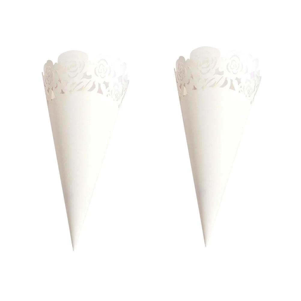 

50pcs Laser Cut Paper Flower Cones Hollow Out Lace Design For Wedding Party Confetti Holders Diy Decorative Wrapping Tubes White