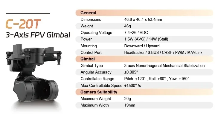 XF-C-20T 3Axis Gimbal FPV increased stability PTZ support DJI O3 CADDX Walksnail camera support head chase control Mavlink Sbus