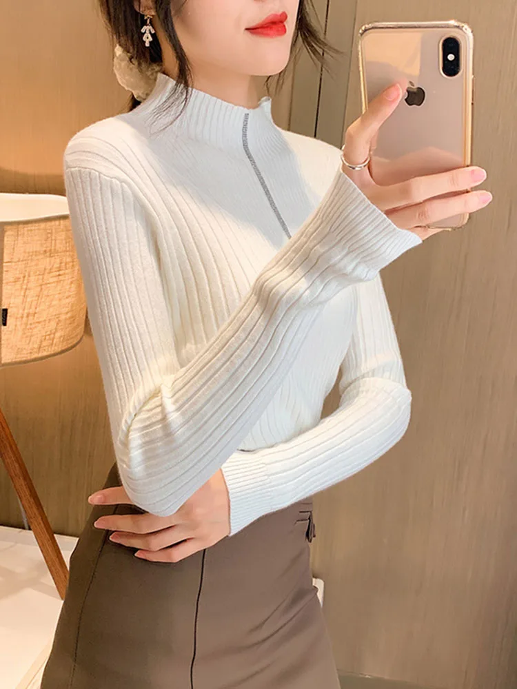 Zoki Casual Striped Knitted Sweater Women Korean Long Sleeve Slim O Neck Pullovers Fall Fashion Female Simple White Jumpers New