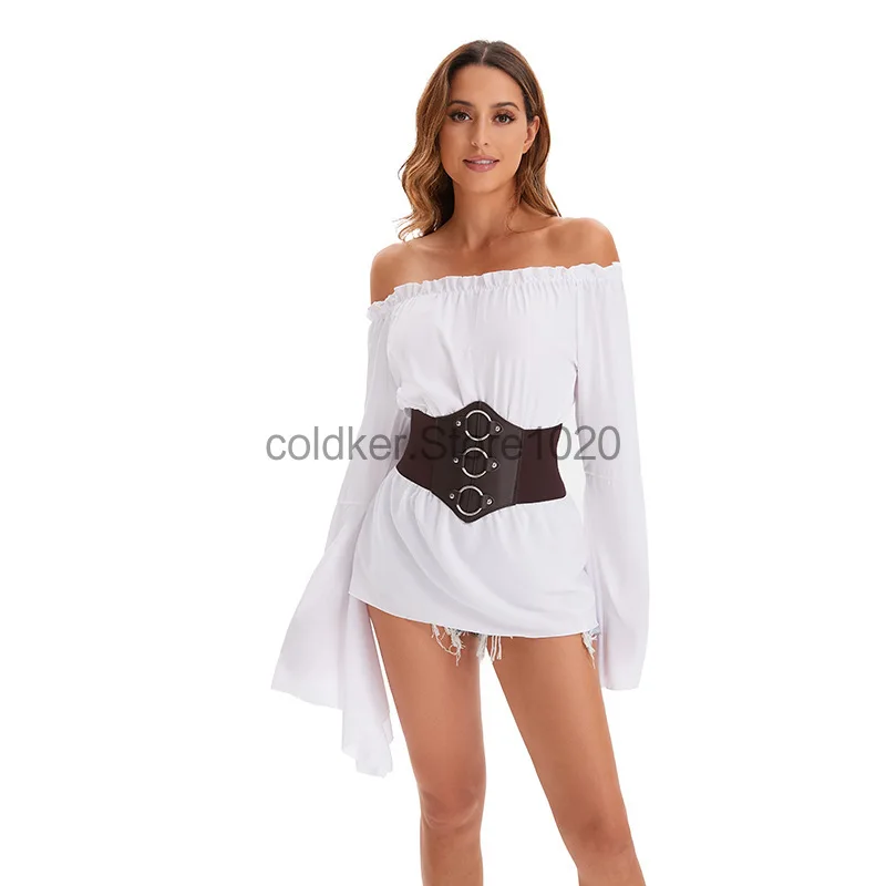 New Women Renaissance Blouse Vintage White Off Shoulder Flare Sleeves Medieval Pirate Costume Shirts Steampunk Corset Belt Tops