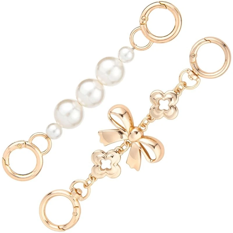 NEW-2 Pcs Gold Bow Bag Extender Chain, Metal Pearl Extender Chains, Bow Pattern Purse Strap Replacement,For Purses, Bags