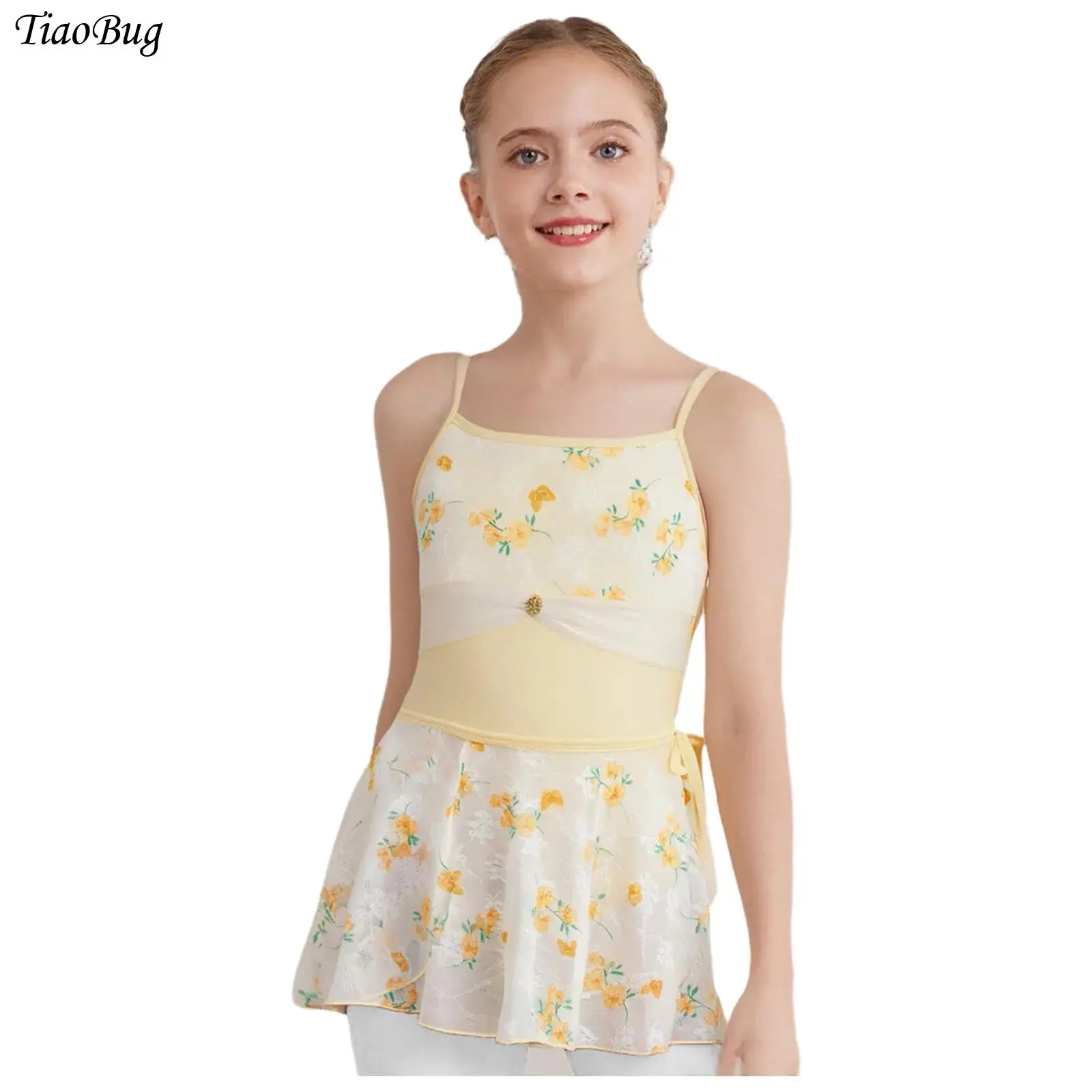 

Kids Girls Ballet Leotard Dress Sleeveless Adjustable Straps Floral Printed Mesh Gymnastics Skirted Bodysuit Ballerina Dancewear