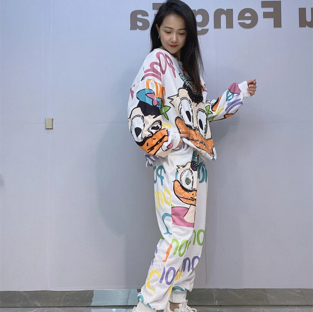 Cartoon Duck Diamond Printing Long-sleeved Hoodies Women\' Two-piece Sets 2024 Spring Autumn High-end Casual Pants Set Female