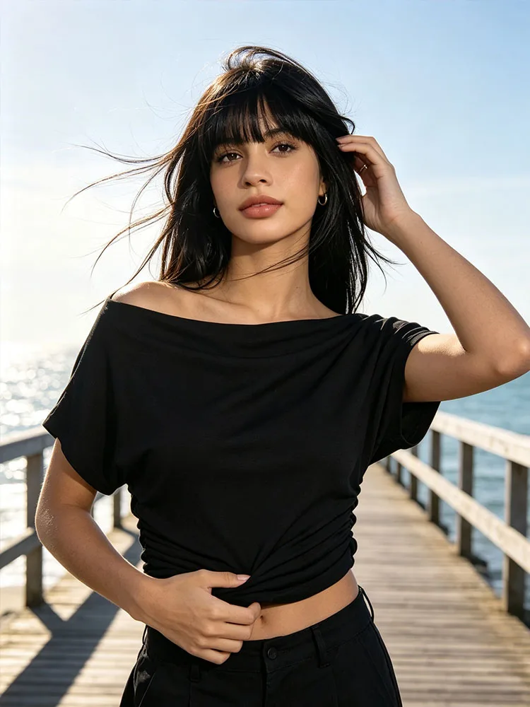 Korean Off Shoulder Draped Short Sleeve Top Side Waist Ruched Slim Fit Soft Modal Casual Blouse
