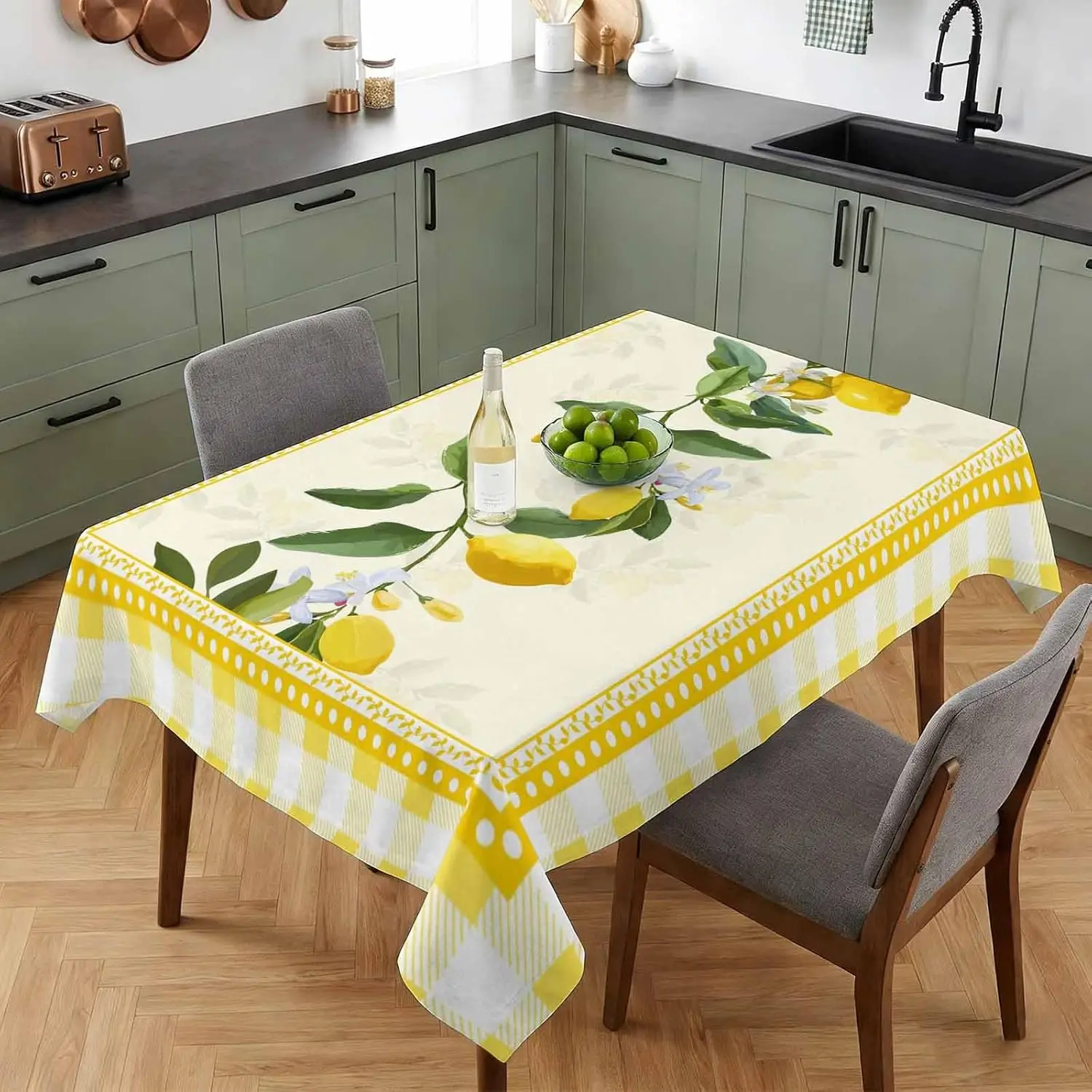 Summer Lemon Flower Leaves Rectangle Tablecloth for Table Decoration Yellow Lemons Buffalo Plaid Table Cloth Holiday Party Decor