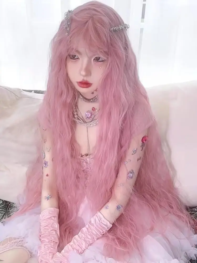 Pink 100cm long girl curly hair wig cosplay mermaid princess Lolita dress suitable for Halloween party wig cartoon carnival prop