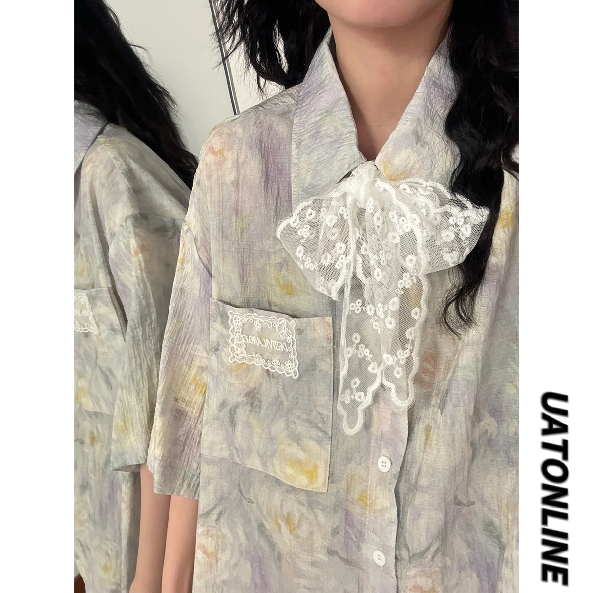 

UATONLINE Summer American Vintage Floral Print Short Sleeve Casual Shirt Women's Top Street Style Loose Fit Regular Length