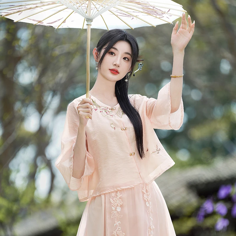Conjunto Hanfu de Estilo Juvenil Mejorado, Ropa para Ceremonia del Té Zen, Top Fino y Falda Media de Estilo Chino, Moda de Verano para Mujer