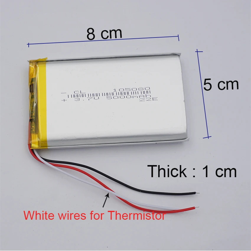 3.7V 5000mAh 18,5 wh termistor 3 przewody Li-polimerowe i bateria Lipo 105080 3Pin 1.0mm JST dla DashCam GPS powerbank LED Tablet PC