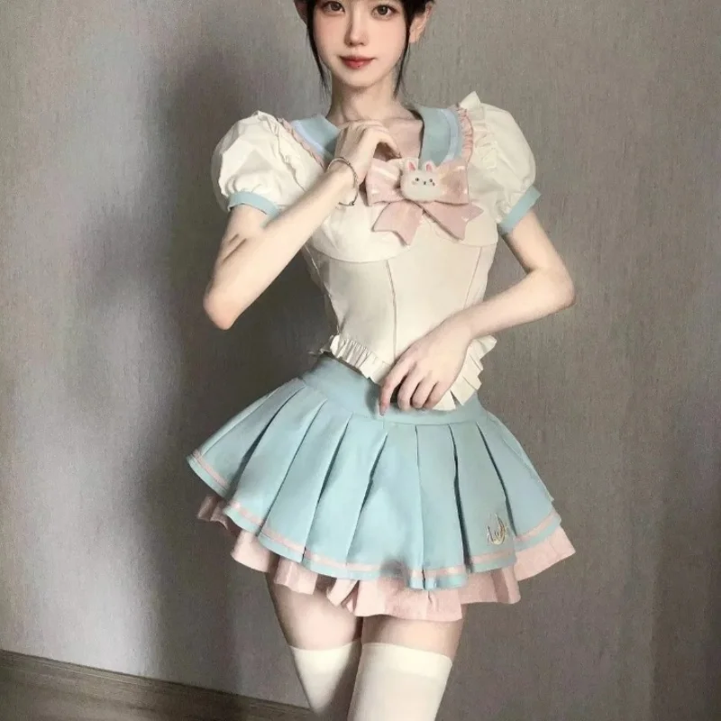 

Blue lovers sweetheart Bunny Bow Sailor Collar Shirt Top Mini Tutu Skirt Japanese Style Sexy Lolita Outfits S-8XL