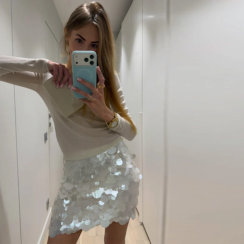 Fashion Women's Sequined Mini Skirts Solid High Waist Short A-line Beach Female Skirt 2026 Spring Summer Lady Y2k Party Clothes