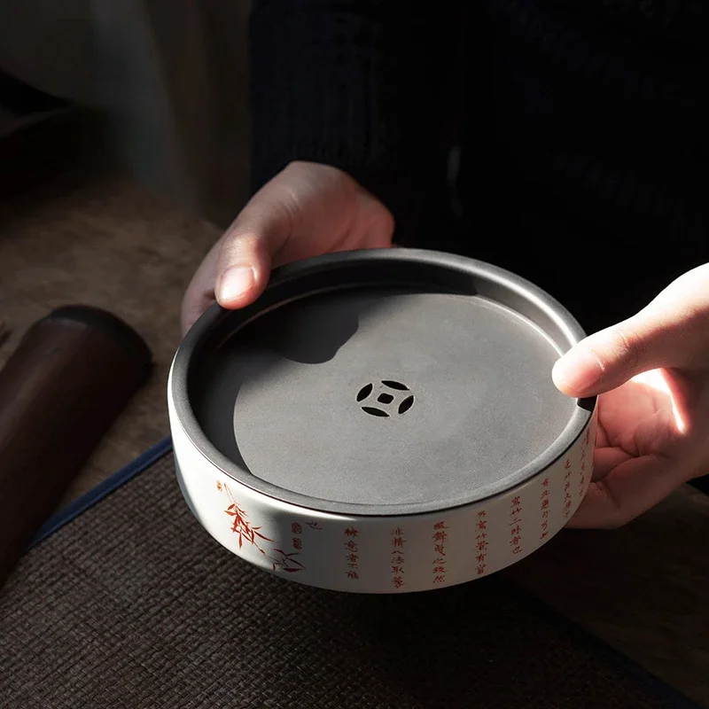 Tin Lid Pot Holder Ceramic Water Storage Dry Brewing Small Tea Tray Pot Holder Antique Handmade Round Small Tea Tray Pot Holder