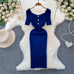 Sexy Chic Square Collar Elastic Knit Bodycone  Dress Solid Tight short sleeve Korean Fashion Party Slim Summer Women dresses