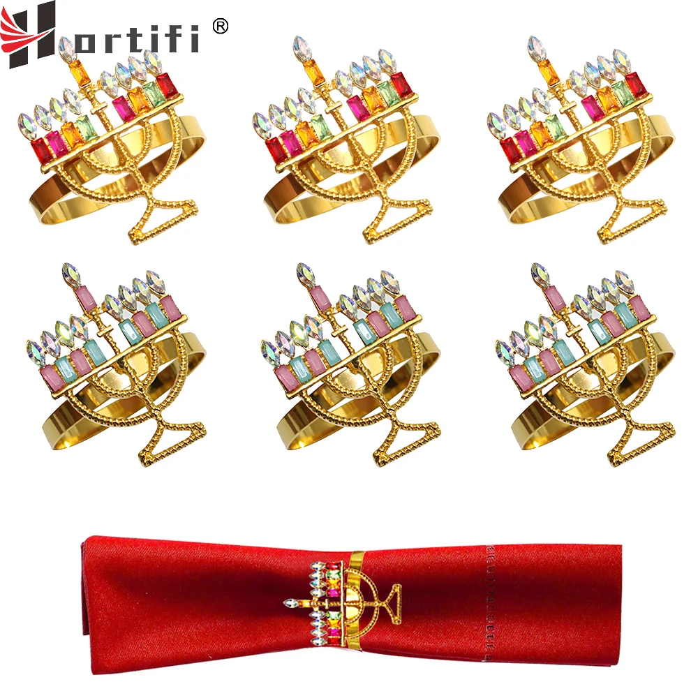 

6Pcs Hanukkah Napkin Rings Candlestick Napkin Holders Gold Napkin Buckle for Hanukkah Wedding Holiday Party Banquet Table Decor