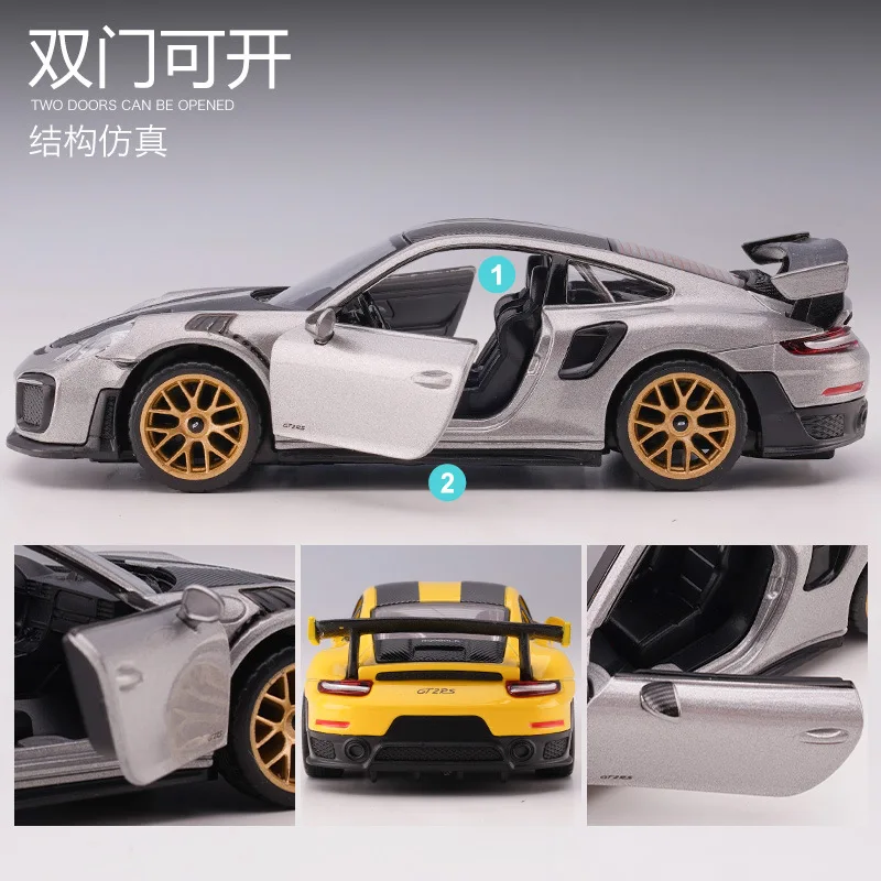 1/32 Porsche 911 GT2 RS Carrera Toy Car Model Diecast Metal Racing Miniature Pull Back Sound & Light Collection Gift For Boys