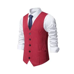 2026 New Red Striped Suit Vest For Men,Fashion Business Formal Wear Casual Khaki/Black Stripes Waistcoats