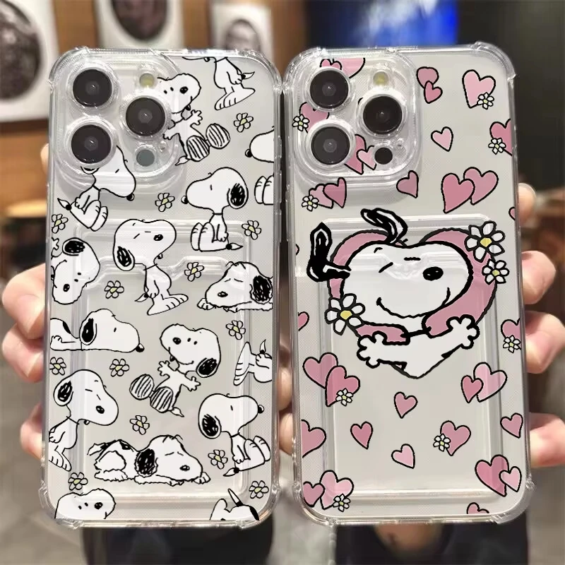 لطيف S-Snoopy شفافة فتحة للبطاقات حقيبة حامل الحال بالنسبة آيفون 17 16 E 15 14 زائد 13 12 Mini 11 Pro ماكس سيليكون مكافحة السقوط غطاء