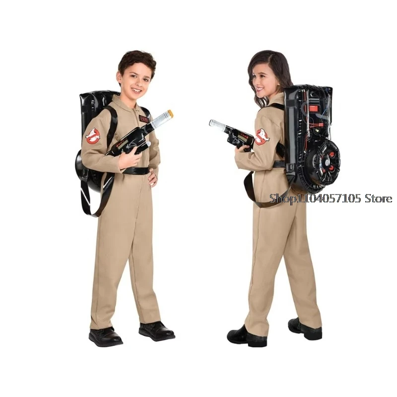 

Halloween Children Father Ghost busters Costumes Themed Cosplay Halloween Uniform Jumpsuit with Bag Ideal for Adults and Kids