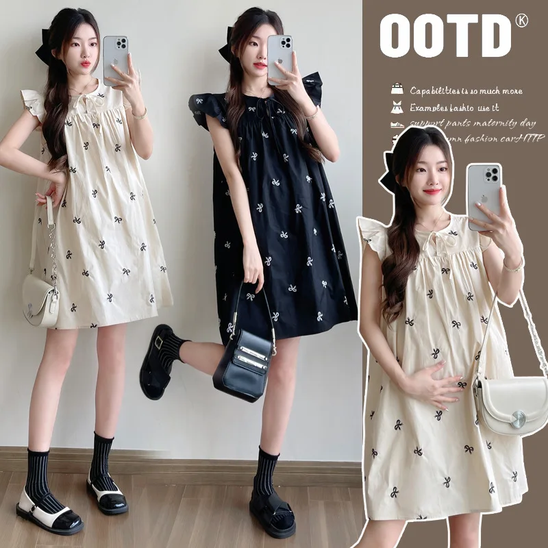 

Elegant Maternity Dress Summer New Bow Embroidery Style Loose Fit Flattering Dress for Fashionable Pregnant Women
