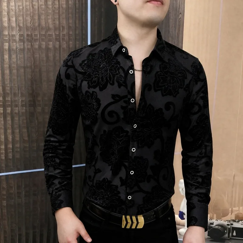 Autumn Mesh Jacquard Long Sleeved Shirt Men Fashion Casual Social Sexy Perspective Shirts Streetwear Party Performance Costumes
