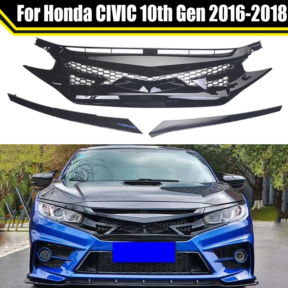 

Car Racing Grill Grills Upper Bumper Grille For Honda CIVIC 10th Gen 2016 2017 2018 ABS Glossy Black Demon Style With 2 Eyebrows