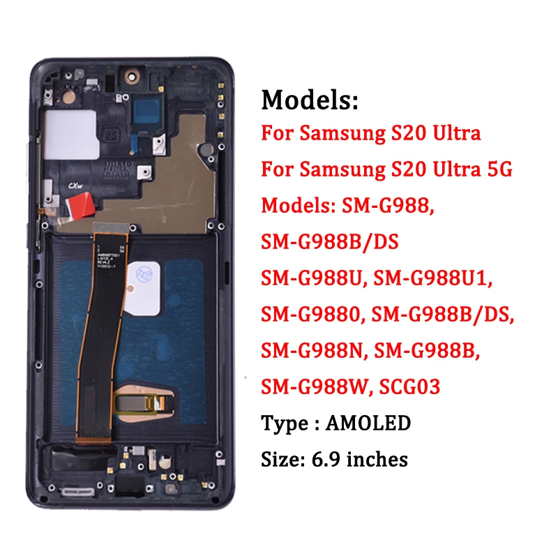 Super AMOLED For Samsung S20 Ultra G988 G988U Lcd Display Digital Touch Screen with Frame For Samsung S20 Ultra 5G LCD