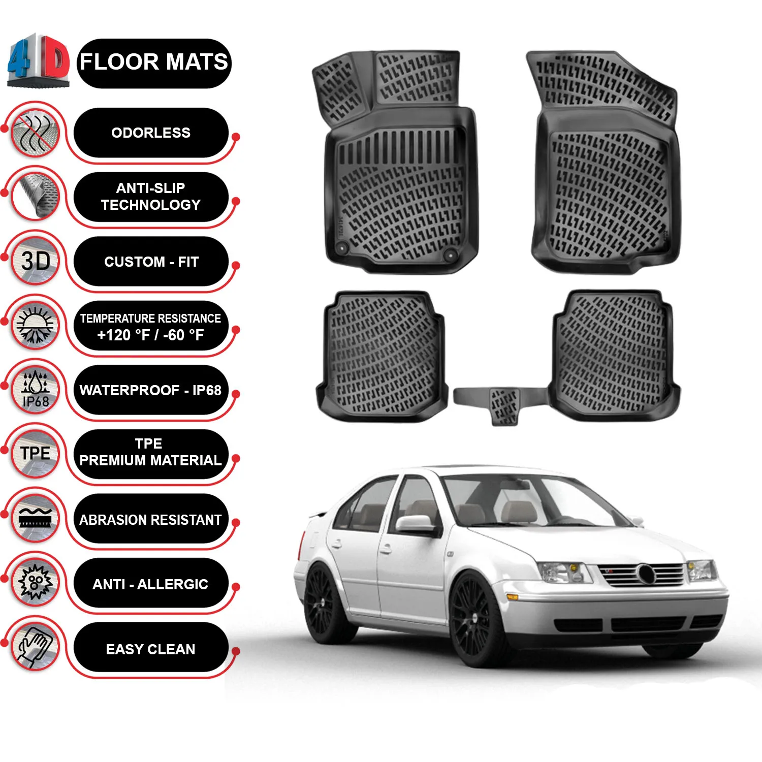 Volkswagen Bora - (1999-2006) Floor Mats Liner Waterproof 3D - (Black)