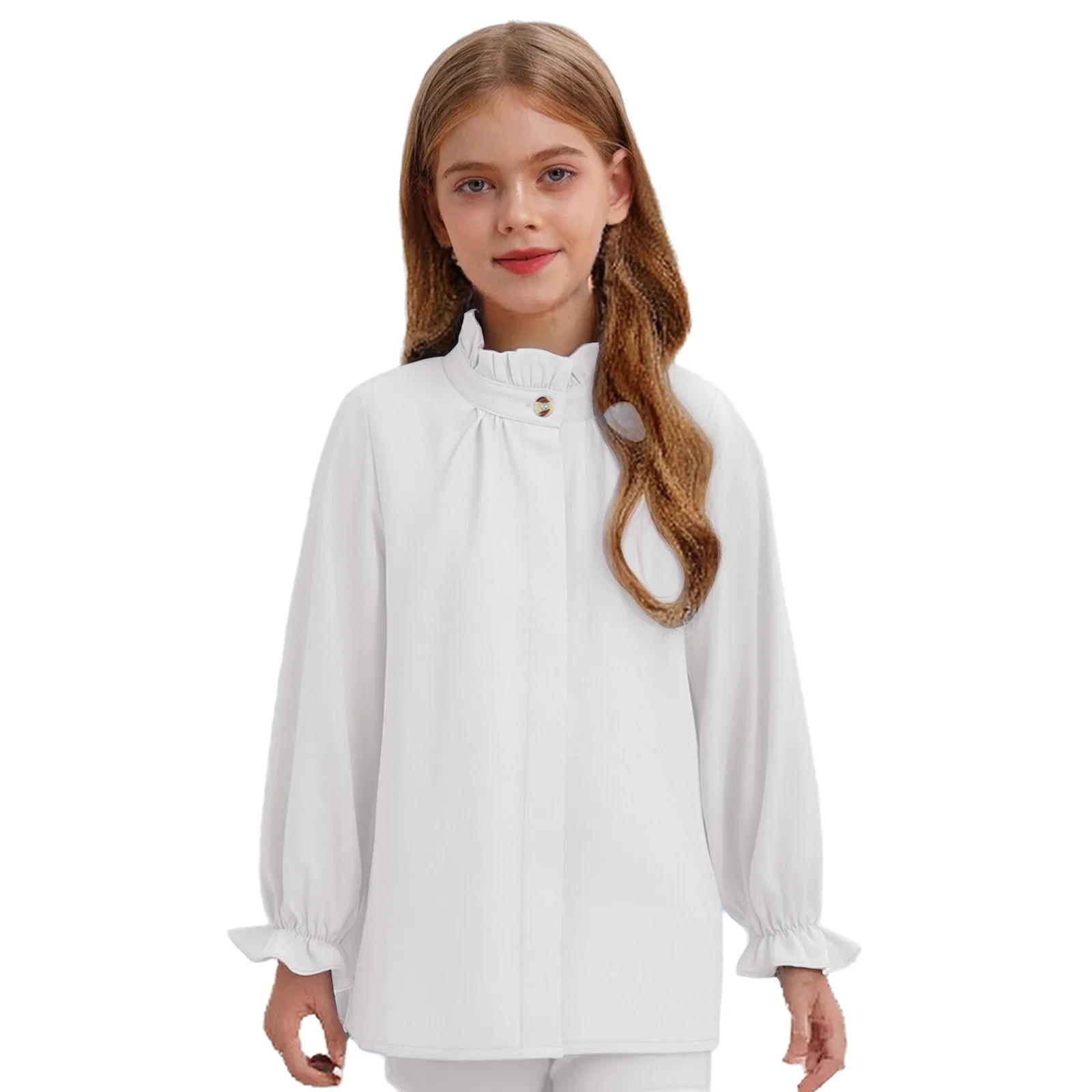 

Kids Girls Ruffled Collar Cuffs Shirt Long Puff Sleeves Button Blouse Top for Birthday Party Wedding School Performance Costume