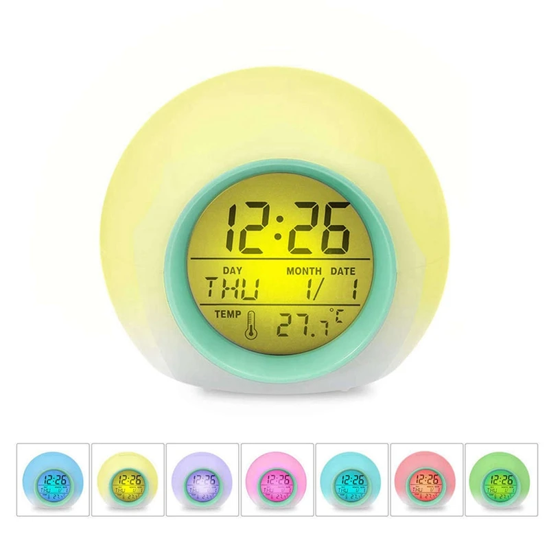 3X Kids Alarm Clock - Wake Up Light Digital Clock With 7 Colors Changing, Press Control And Snooze Function For Bedrooms