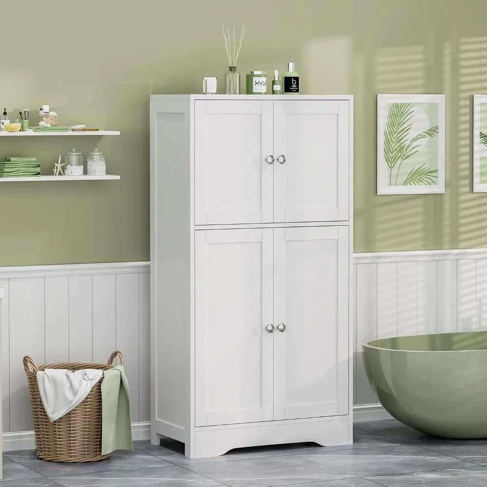 

Freestanding Bathroom Cabinet, Bathroom Floor Storage Cabinet with 2 Adjustable Shelves & 4 Doors, Cupboard for Living Room