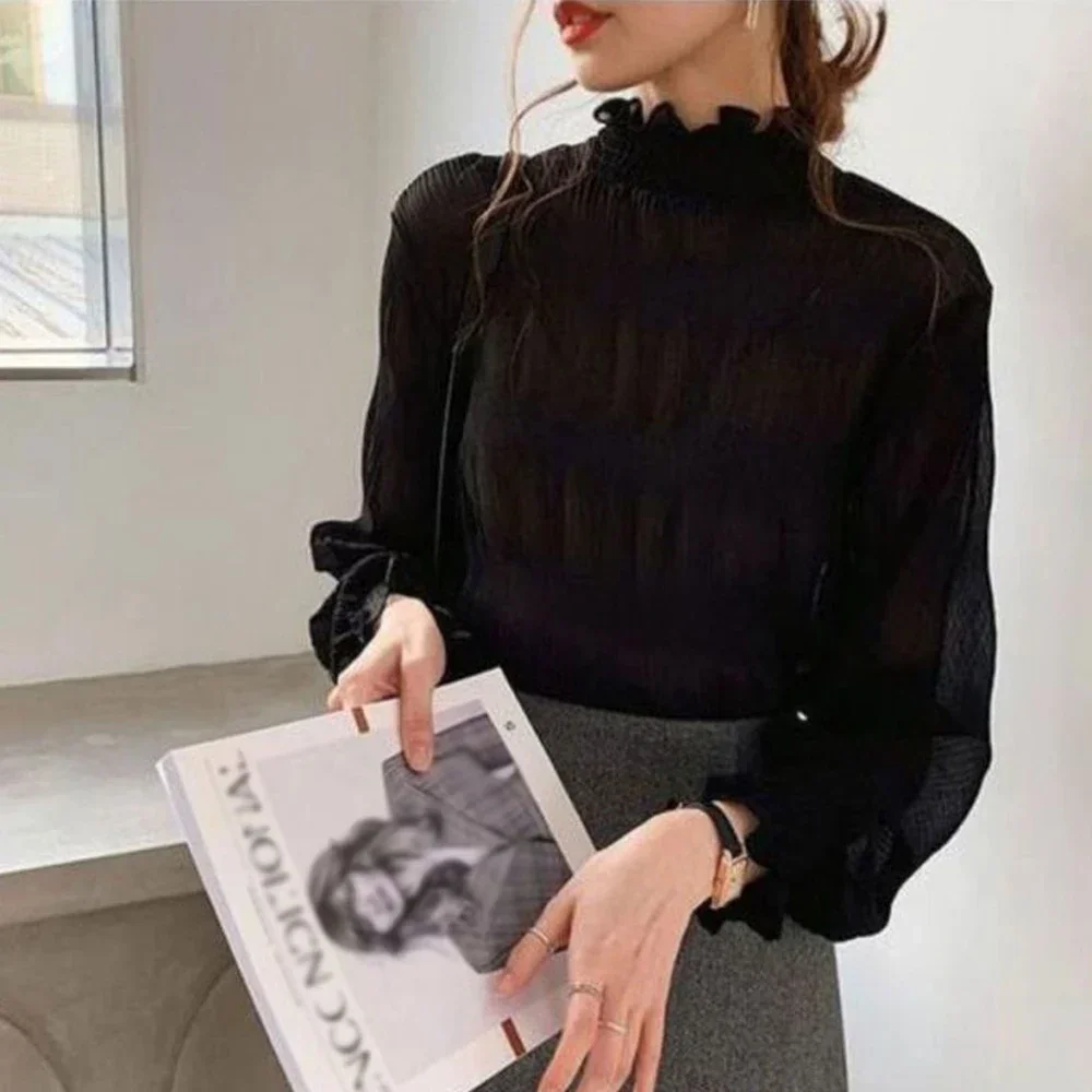 

Sweet Petal Collar Flare Sleeve Pleated Shirt Women S-XXL Cuties Turtleneck Female Bottoming Blouses Chiffon Top Girls T Shirt