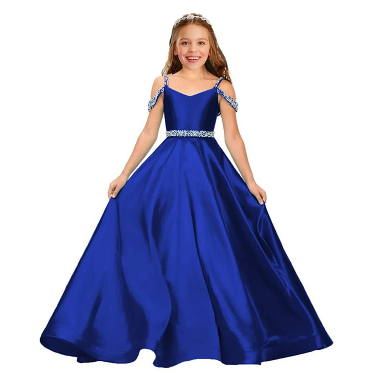 Eleganti abiti da festa di nozze per bambini in raso con perline lunghe con spalle scoperte compleanno Flower Girl Dress abiti da sera formali per ragazze